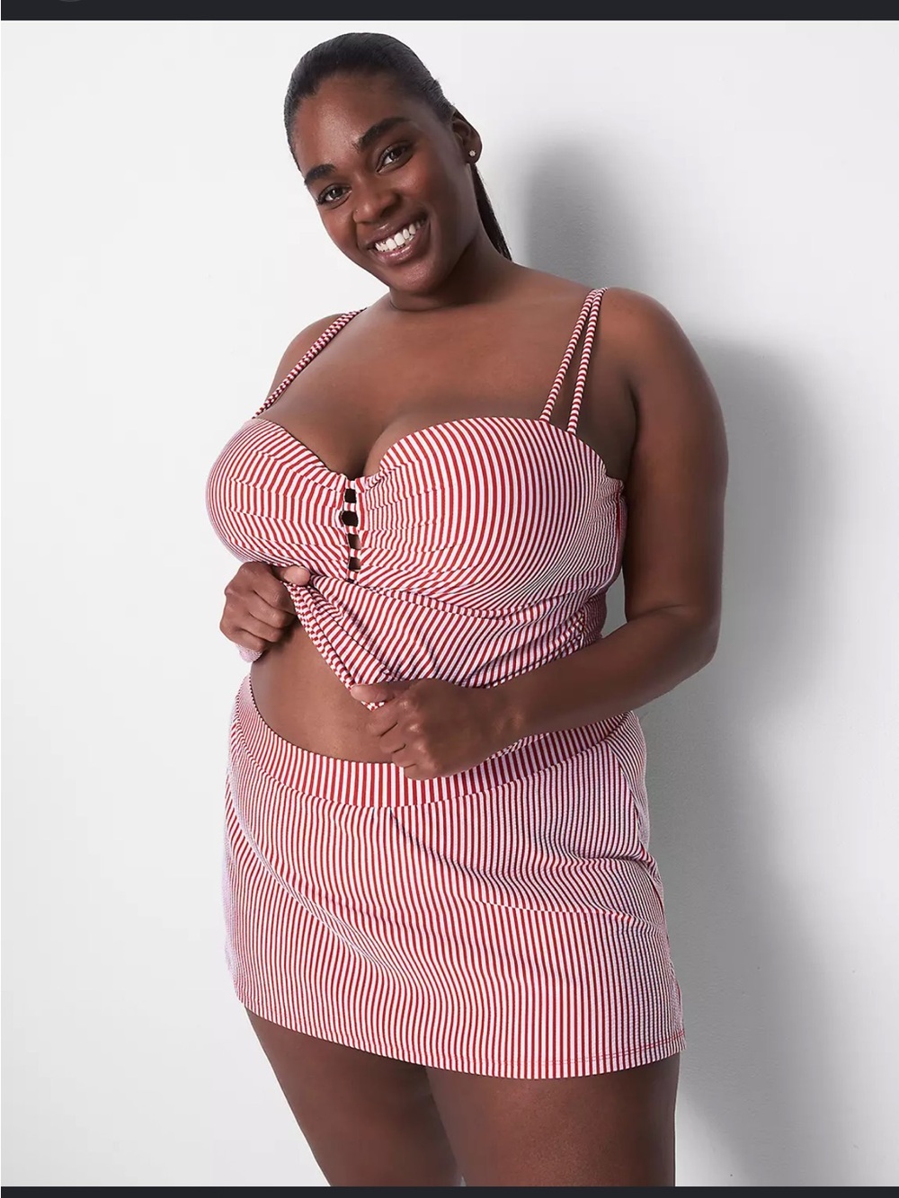 Swim by Cacique Red White Seersucker Stripe Tankini Top 44F Ruched NWT